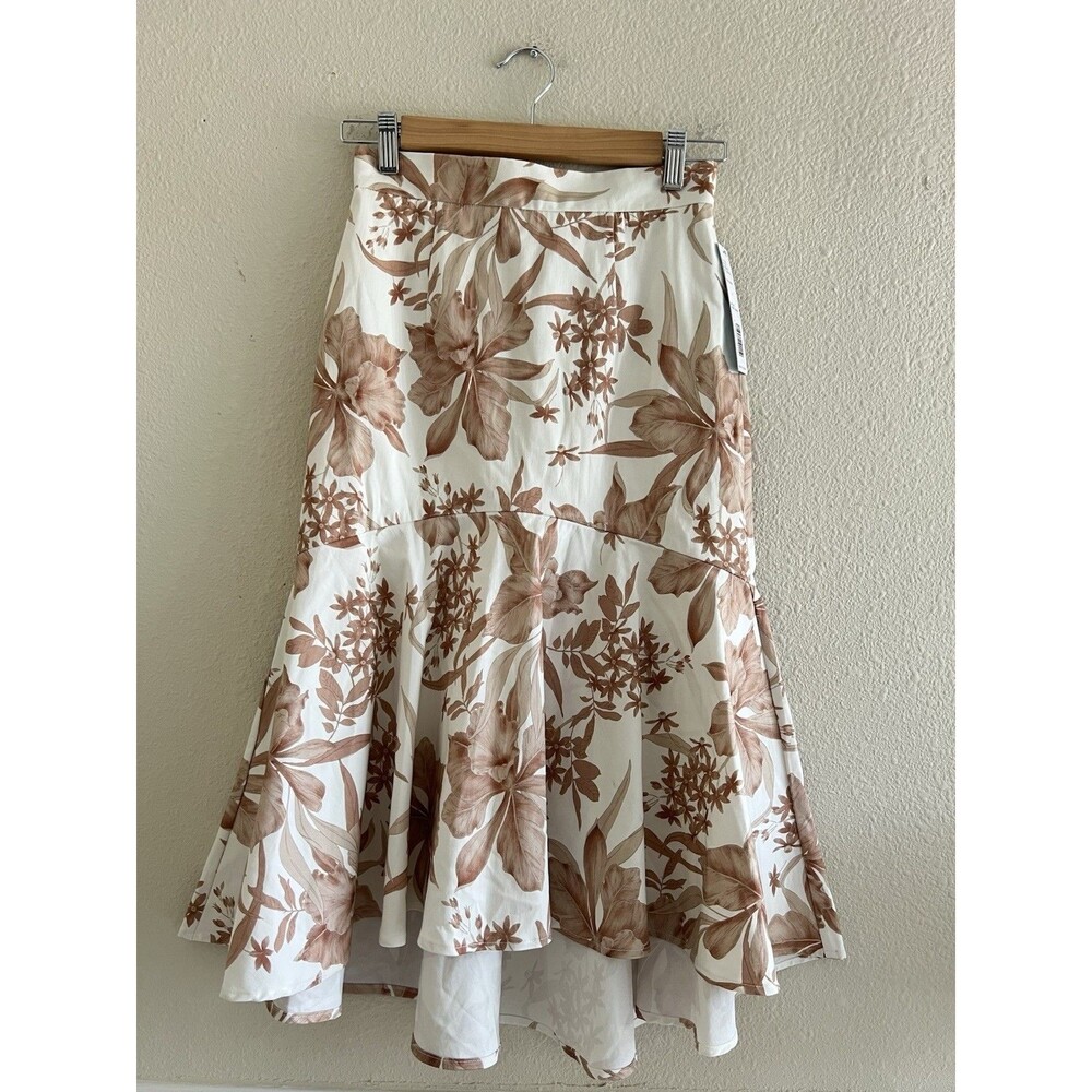 Antonio Melani Ivory/Brown Floral Bird Tiered A-Line Midi Skirt High Rise 2 Boho
